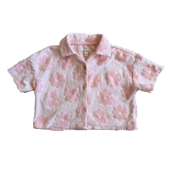 Kate Mack Girls Size 5 Pink Terry Cloth Floral Short Sleeve Button Down Shirt - Picture 1 of 3